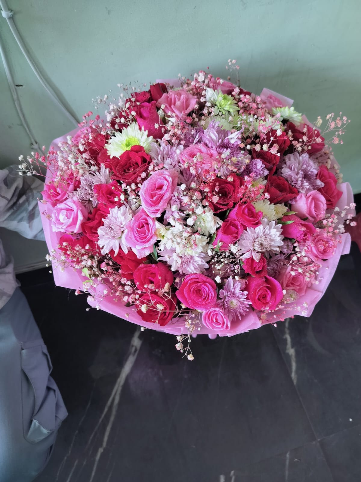 Premium Pink & Red Mixed Flower Bouquet – Roses, Chrysanthemums & Baby's Breath